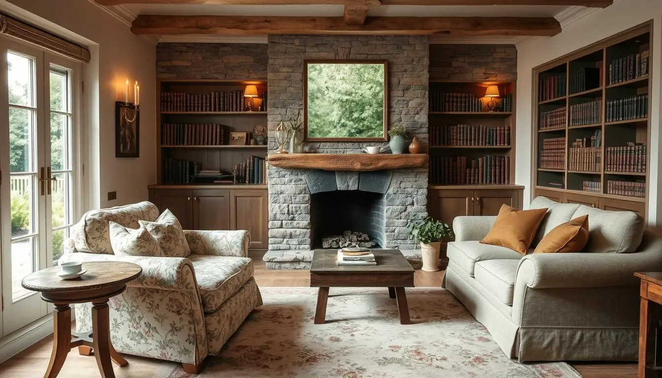 Cozy English country cottage living room with antique furniture and floral decor. english country decor.