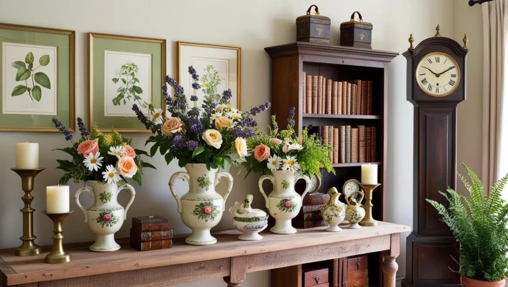English country decor vignette with art, antiques, and natural elements.