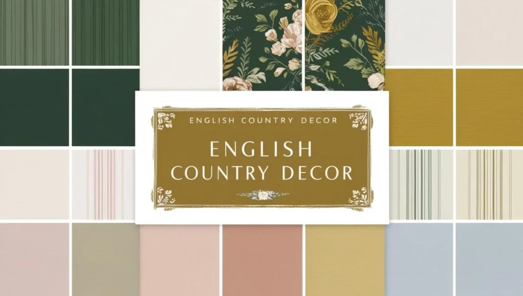 Color palette board with English country style hues and patterns - English Country Decor.