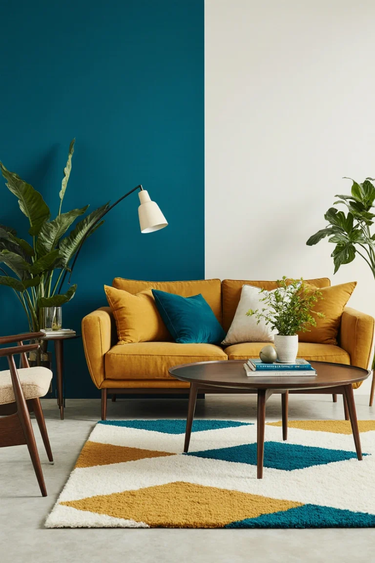 A stylish mid century modern living room with walnut wood furniture, bold accent colors, geometric rug, and indoor plants in a bright, airy space.