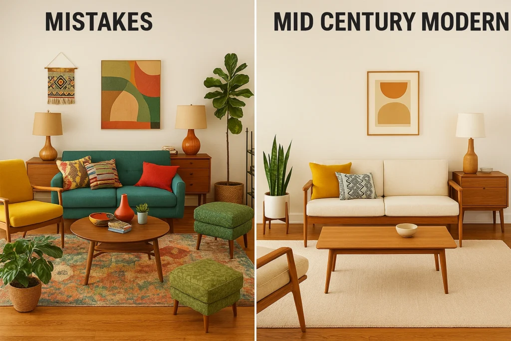 A cluttered living room with mismatched furniture and overdecorated space, illustrating common mid century modern decor mistakes. Mid Century Modern Decor.