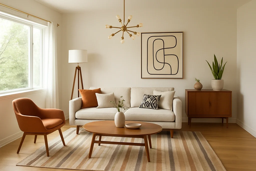 Bright, inviting living room successfully styled with mid century modern decor, showcasing a clean, polished, and timeless atmosphere. Mid Century Modern Decor.