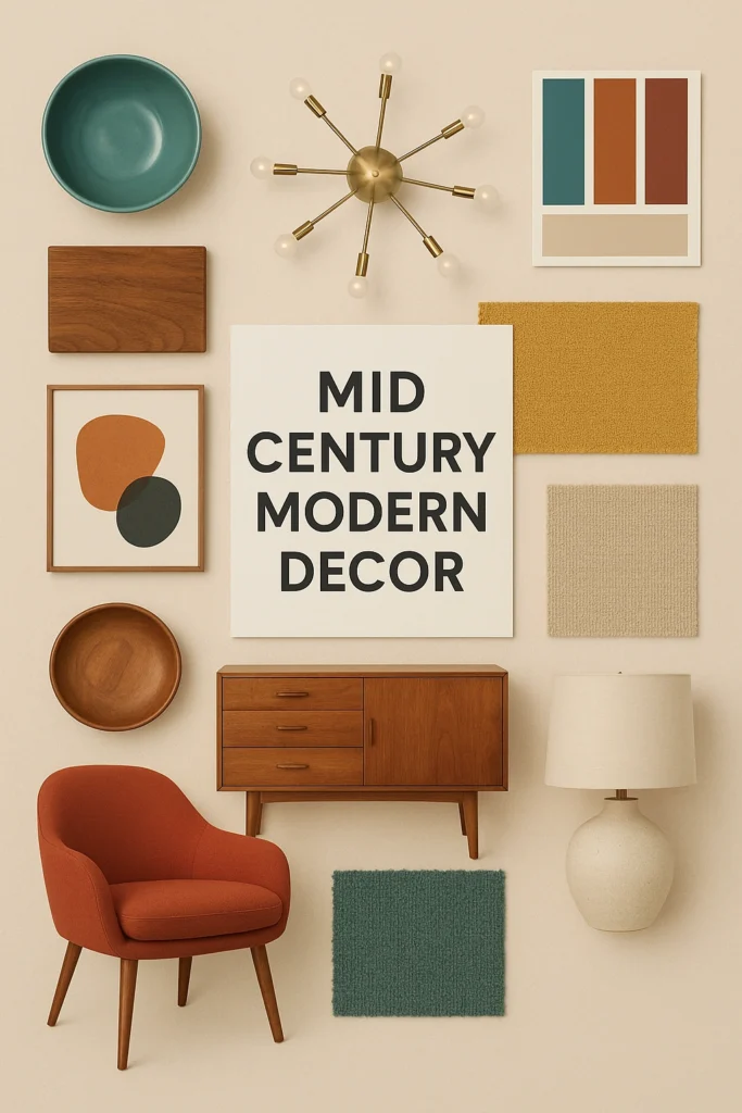 Interior design mood board with mid century modern furniture, color palette swatches, lighting, and decorative accessories. Mid Century Modern Decor.