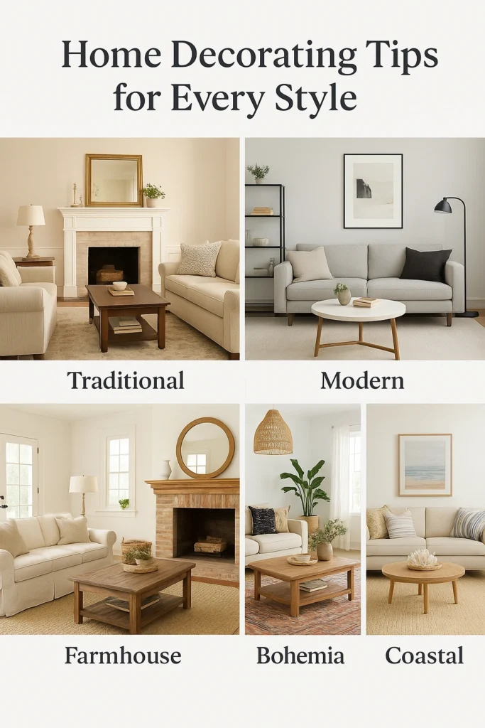 Decor tips for different styles collage. Home Decorating Tips for Every Style.