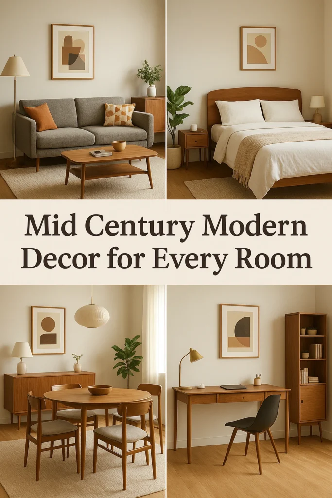 Collage of living room, bedroom, dining room, and home office spaces featuring mid century modern design elements. Mid Century Modern Decor.