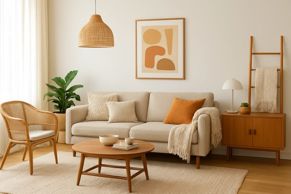 Contemporary living room mixing mid century modern pieces with Scandinavian and boho elements. Mid Century Modern Decor.