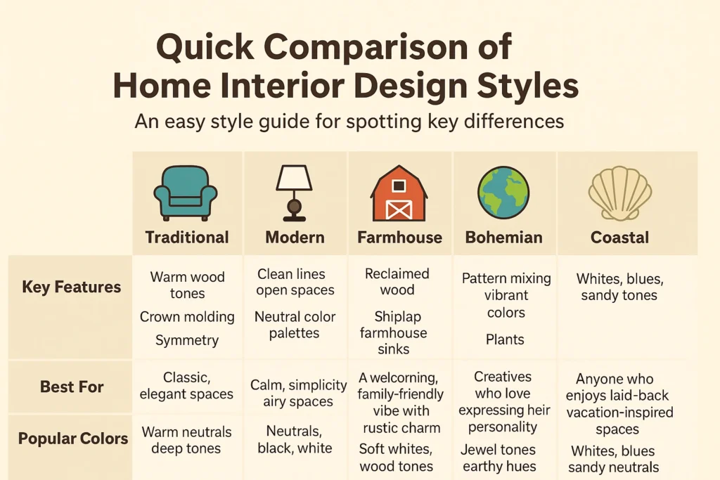 Comparison chart of home decor styles.