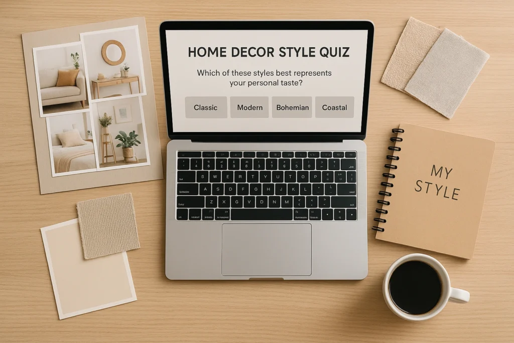 Laptop with home decor style quiz on screen.