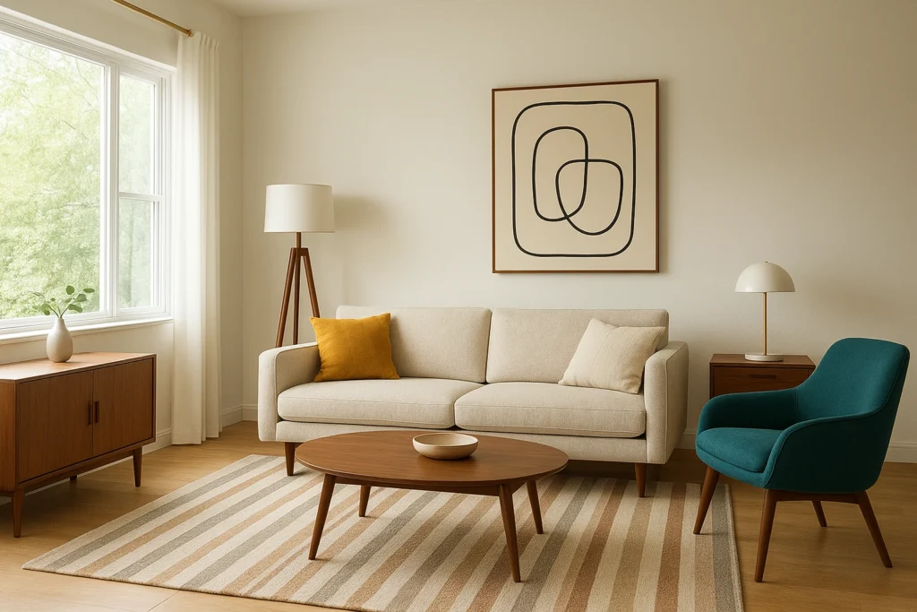 Vintage-inspired living space showcasing classic mid century modern design with sleek furniture, clean lines, and natural wood elements. Mid Century Modern Decor.