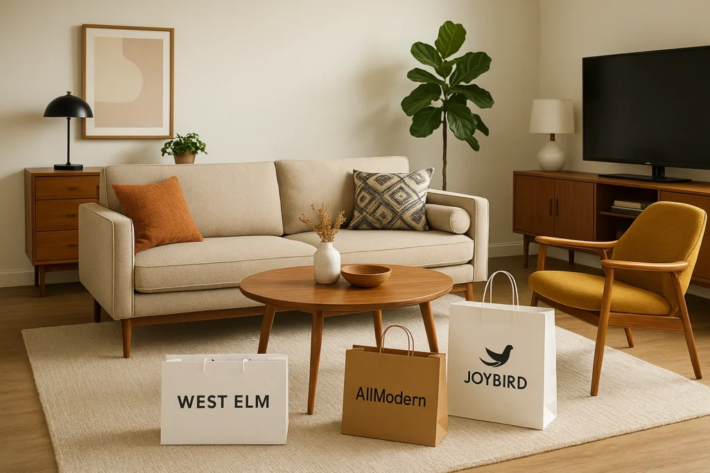 Cozy modern living room with a mix of mid century modern furniture and accessories, with shopping bags and store logos subtly included. Mid Century Modern Decor.