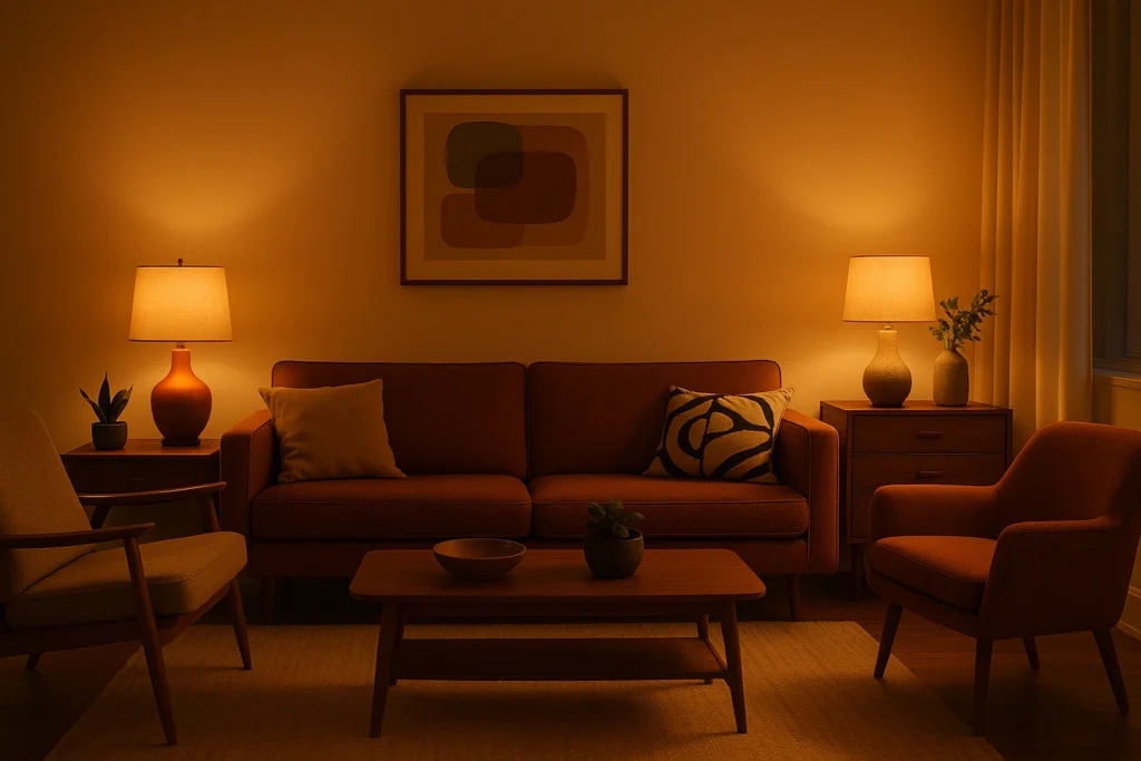 Cozy modern living room blending mid century modern furniture with neutral tones and bold accent details. Mid Century Modern Decor.