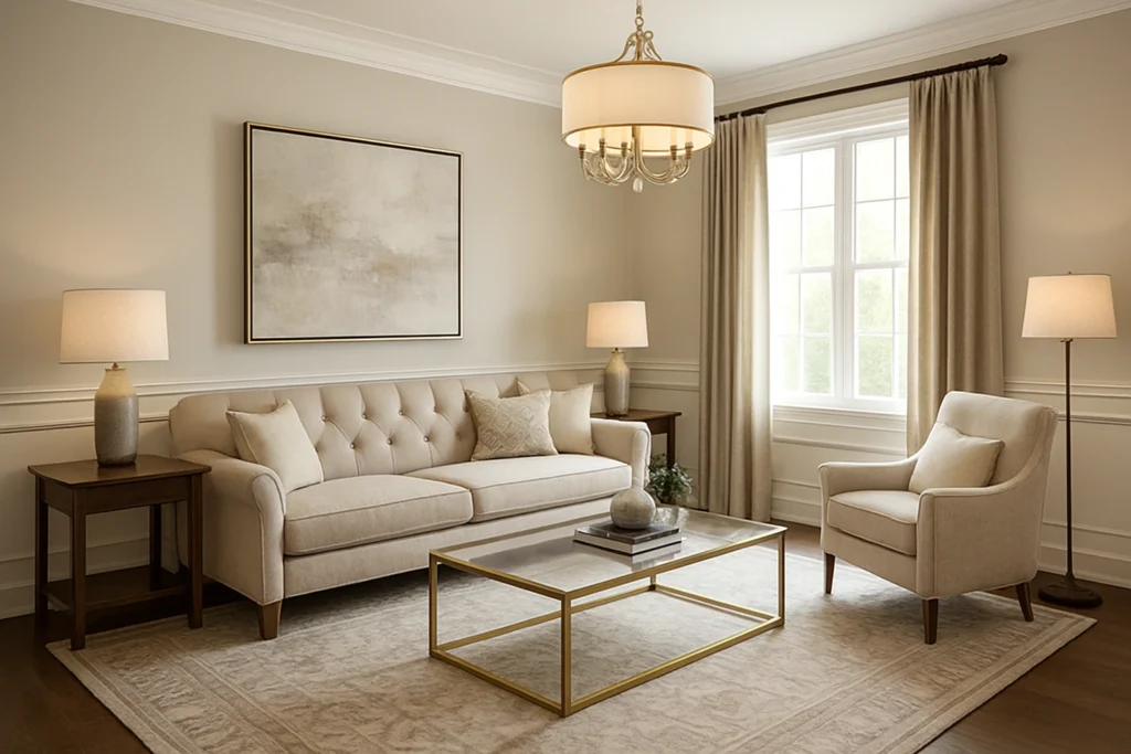 Transitional mix-and-match living room.
