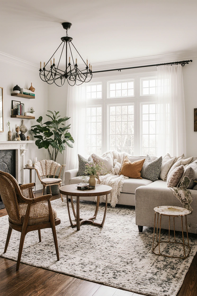 What Is My Home Decor Style? Inviting living room showcasing a mix of popular home decor styles, including modern, farmhouse, boho, traditional, and minimalist.