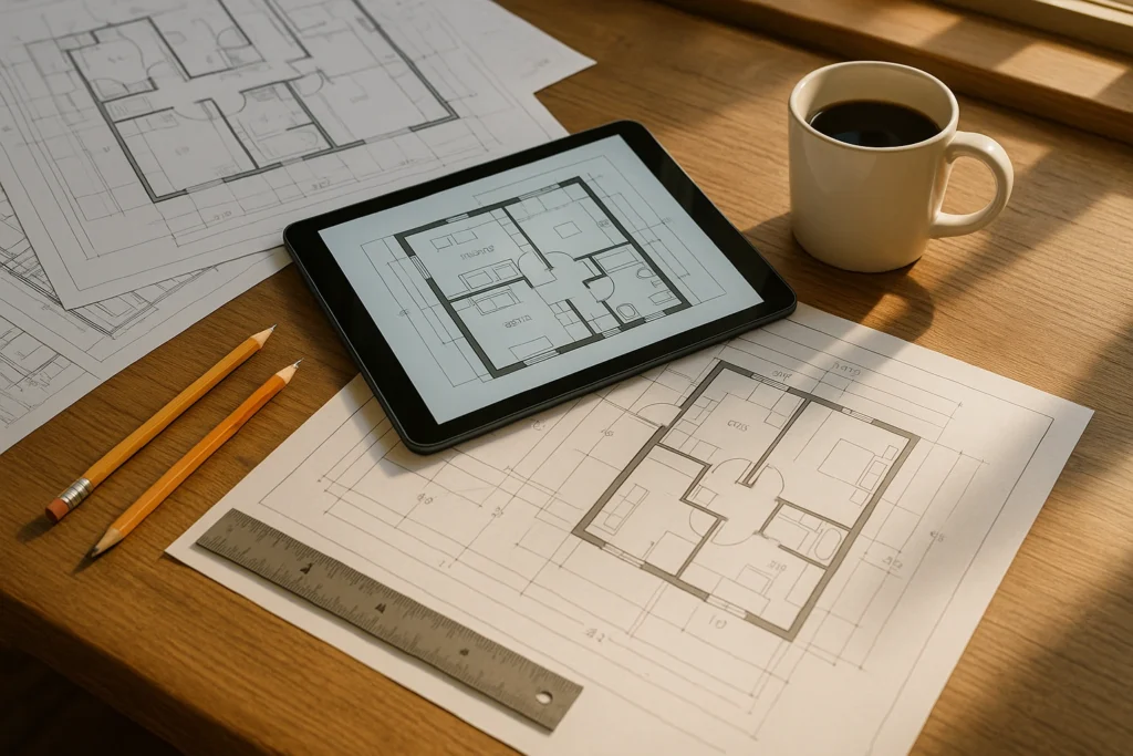 Modern workspace showing digital and paper architectural plans.