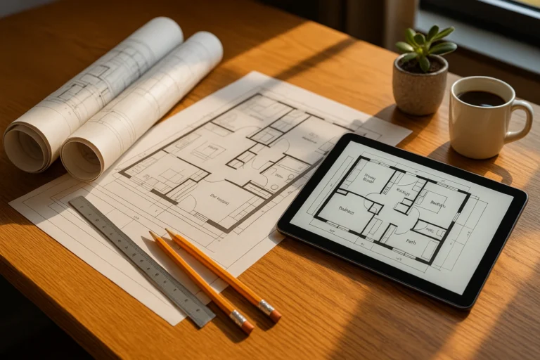 Modern workspace showing digital and paper architectural plans.
