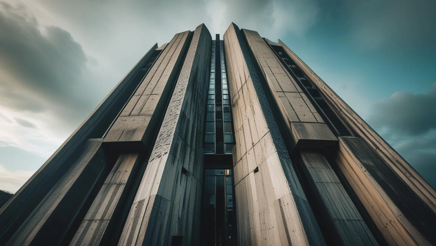 Brutalist Architecture - Bold concrete brutalist building with geometric design under dramatic sky.