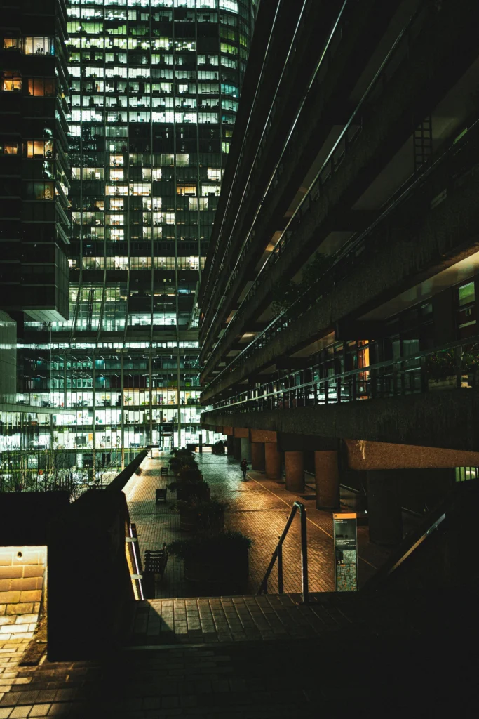 Barbican Centre with textured concrete and bold brutalist geometry.