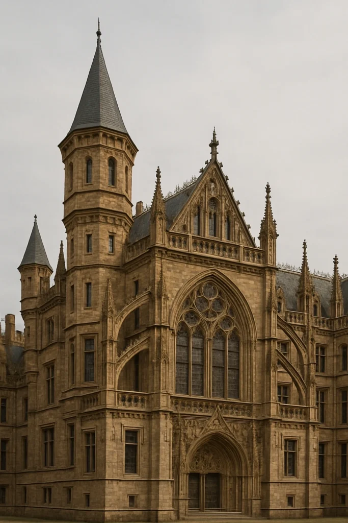 Majestic Gothic castle with pointed arches and stained glass windows - Gothic Architecture. Where Did Gothic Architecture Begin