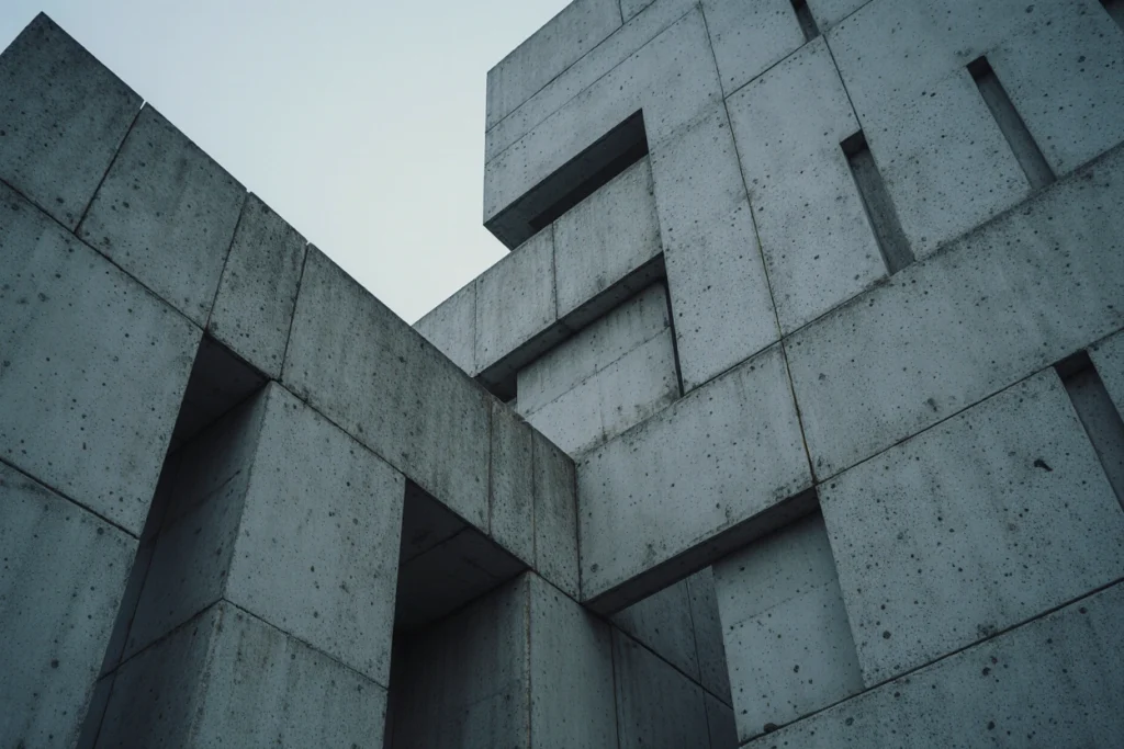 Raw concrete brutalist building showing blocky geometric design.