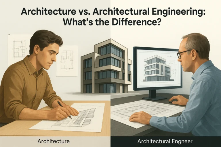 Architect and engineer working together on building design and systems Architect vs. architectural engineer comparison in a modern workspace.