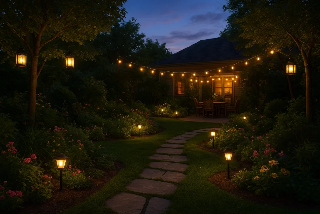Backyard garden glowing with solar decor lights at sunset