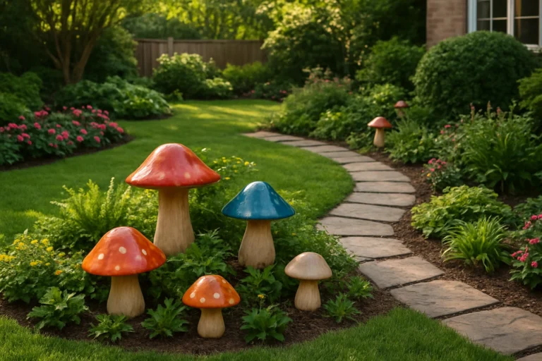 ackyard garden with colorful mushroom decorations among flowers - garden decorations mushrooms.