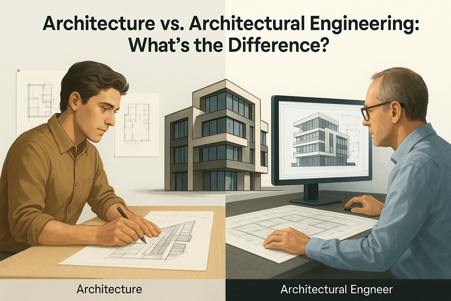 Architect and engineer working together on building design and systems Architect vs. architectural engineer comparison in a modern workspace.