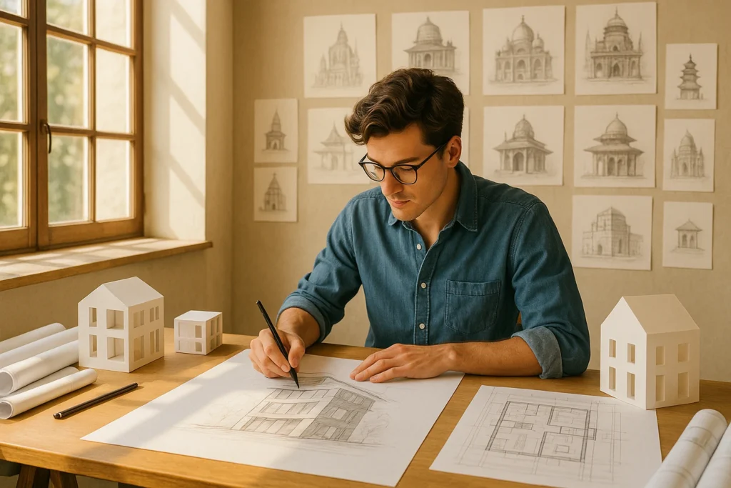 Architect sketching modern building design.