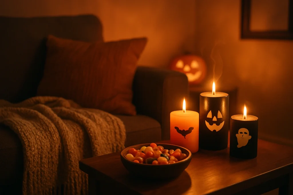 Final Halloween decor touches with lighting and scents
