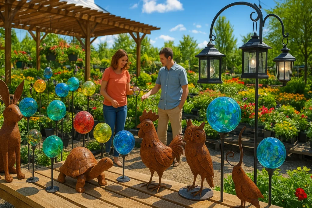 Shoppers exploring solar garden decor at a garden center