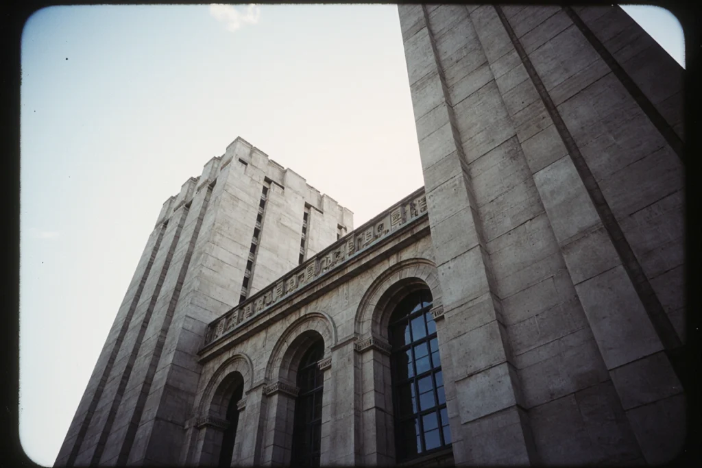 Brutalist building details with raw concrete and blocky design.