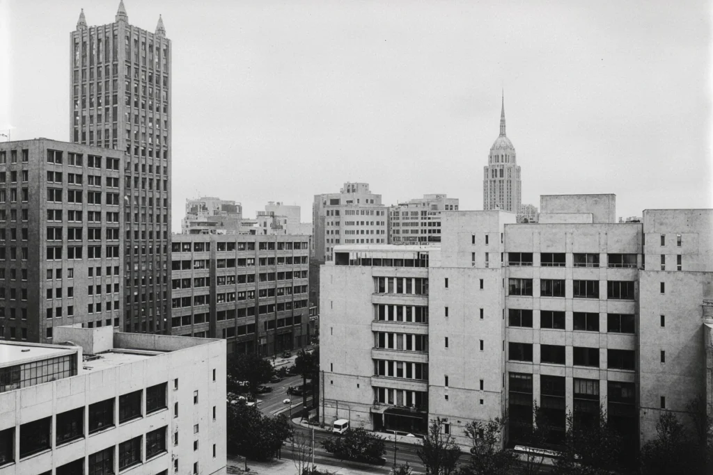 Iconic brutalist architecture buildings with geometric forms and raw concrete.