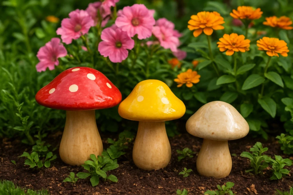 Colorful ceramic mushrooms placed in a blooming garden