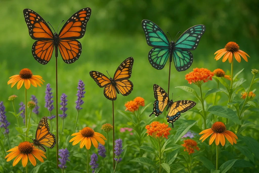 Butterfly-friendly garden with real butterflies and decor accents.