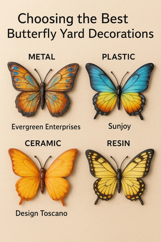 Assorted outdoor butterfly decorations in different materials.