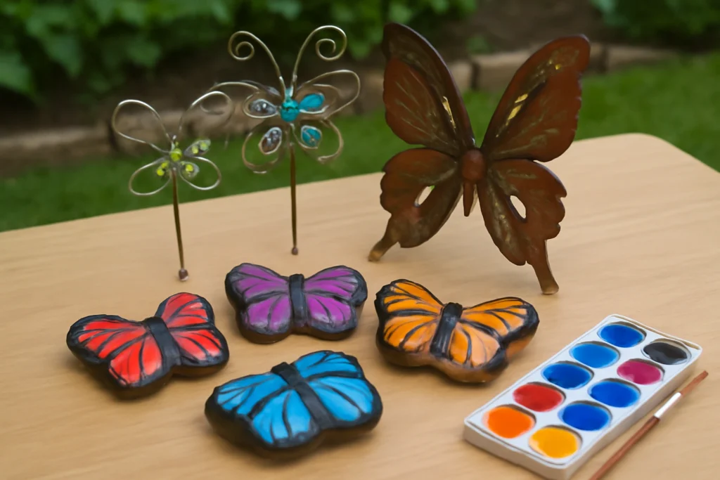 DIY butterfly yard decorations made from rocks, wire, and metal.