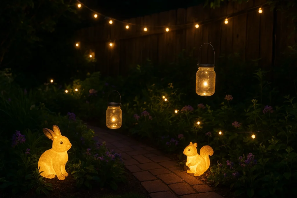 Creative garden decorated with whimsical solar lights and lanterns