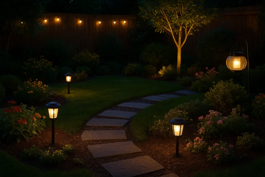 Beautiful garden with perfectly placed solar decor lights at twilight
