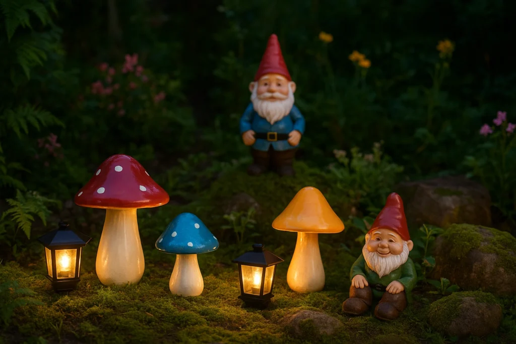 Mushrooms combined with lights, moss, and gnome statues
