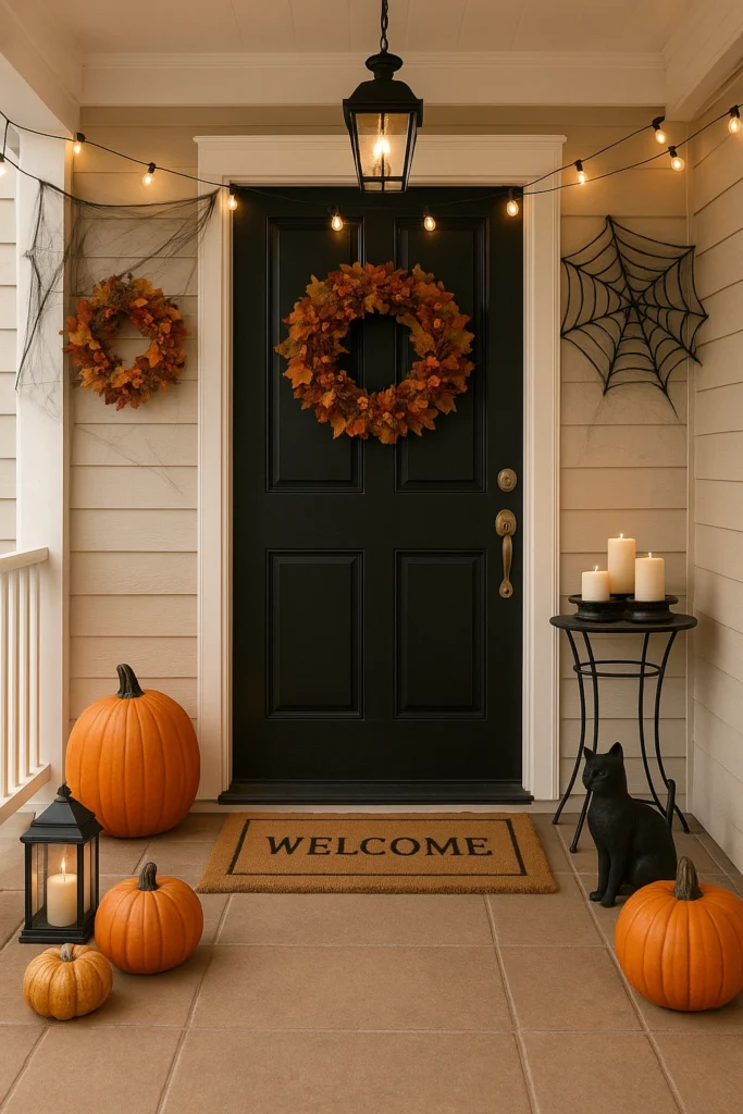 Halloween-decorated front porch with pumpkins and wreaths