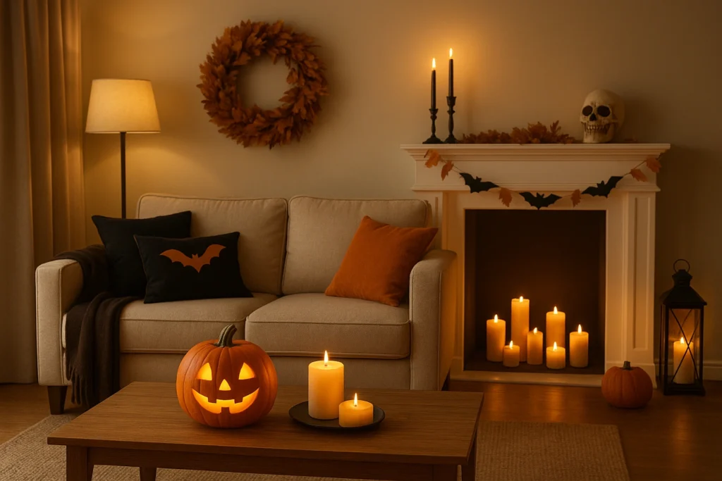 Cozy living room with subtle Halloween decorations