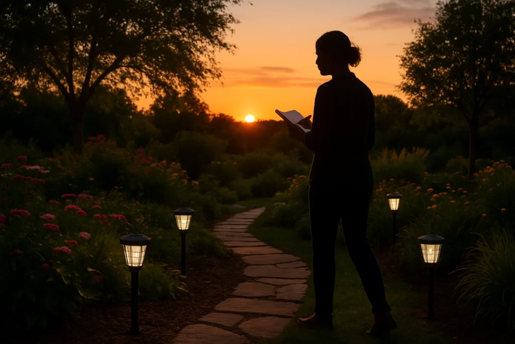 Homeowner planning solar garden decor layout at dusk