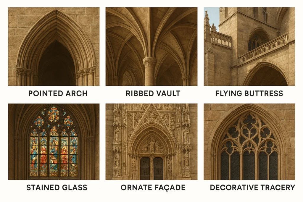 Collage of Gothic features: arches, vaults, buttresses, stained glass, tracery.