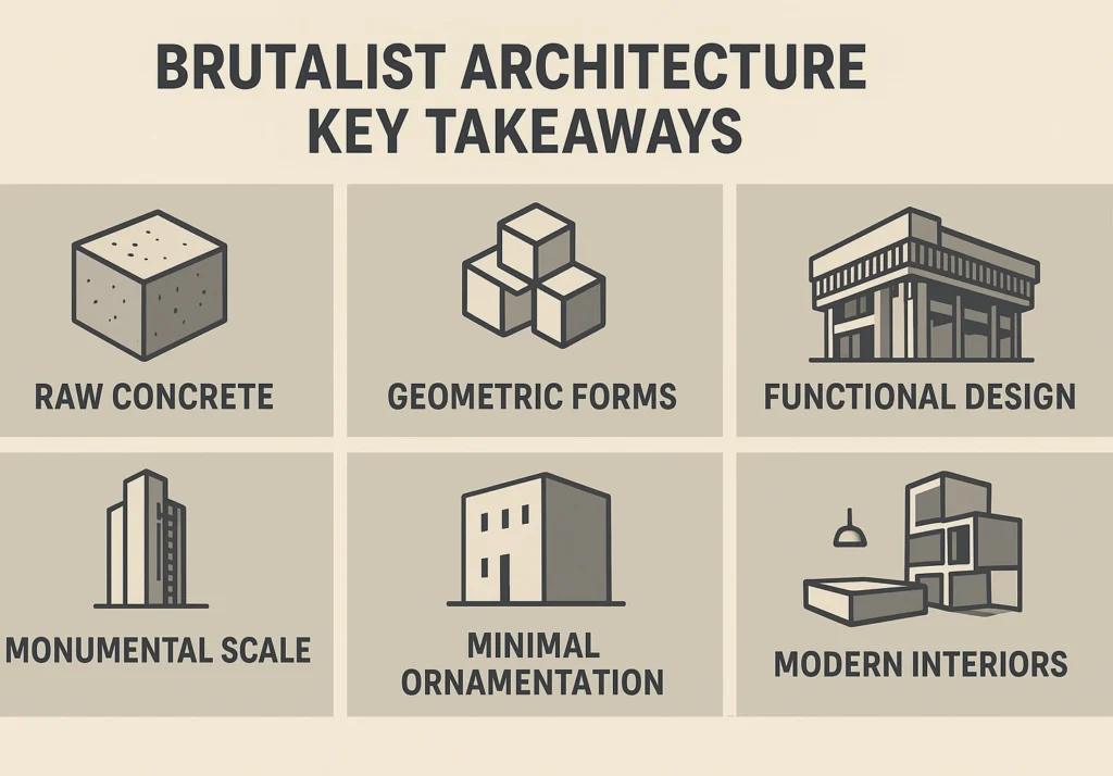Brutalist architecture key points and style summary.