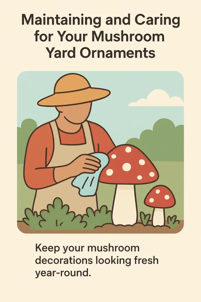 Cleaning ceramic mushroom ornaments in a garden