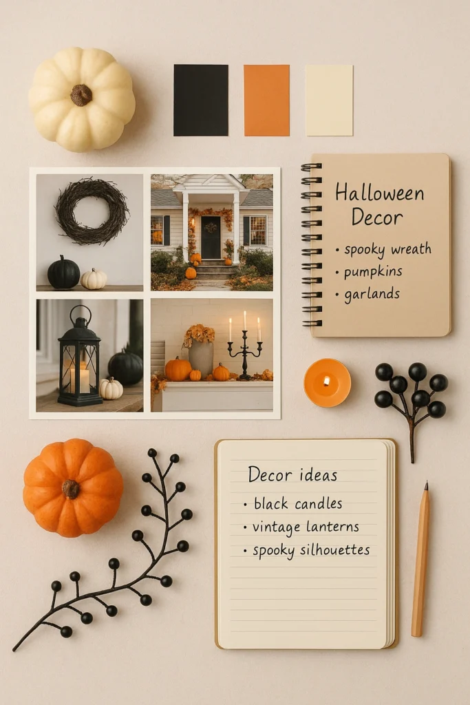 Halloween decor mood board and planning materials
