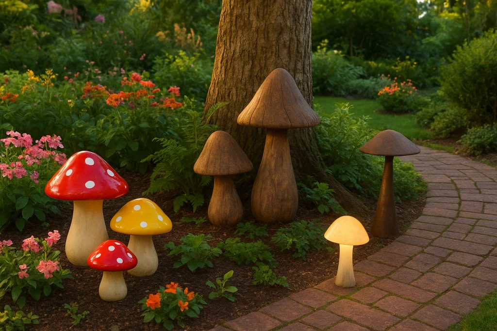 Different types of decorative mushrooms displayed in a garden.