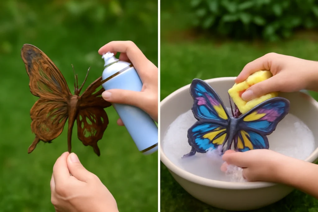 Maintaining outdoor butterfly decorations with cleaning and protection.
