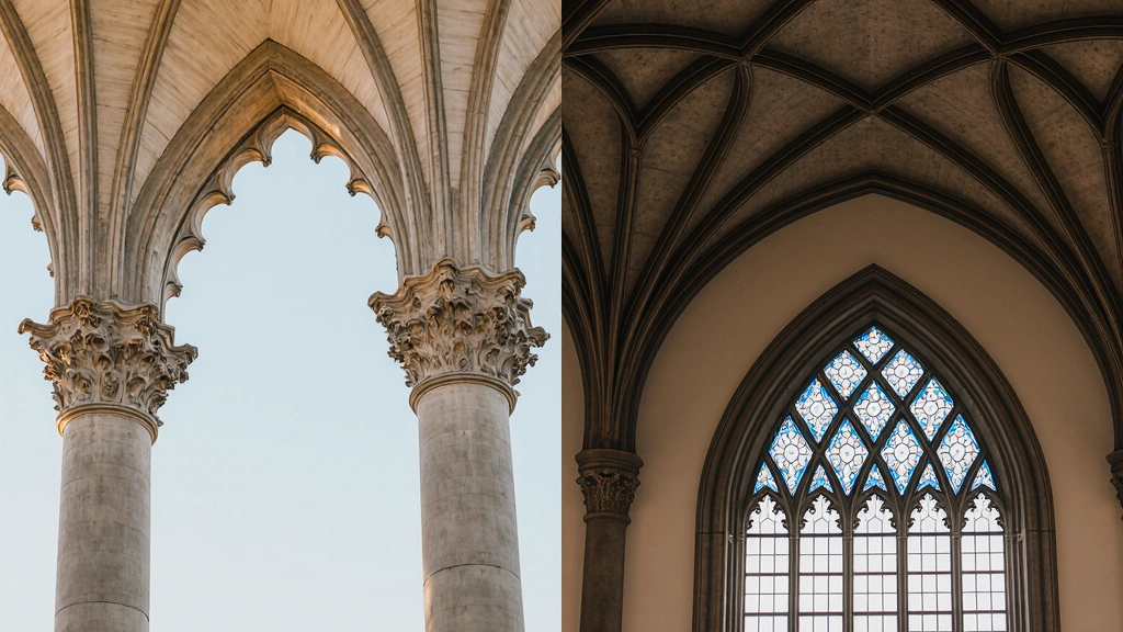 Side-by-side photo comparison of original Gothic features and modern decor interpretations.