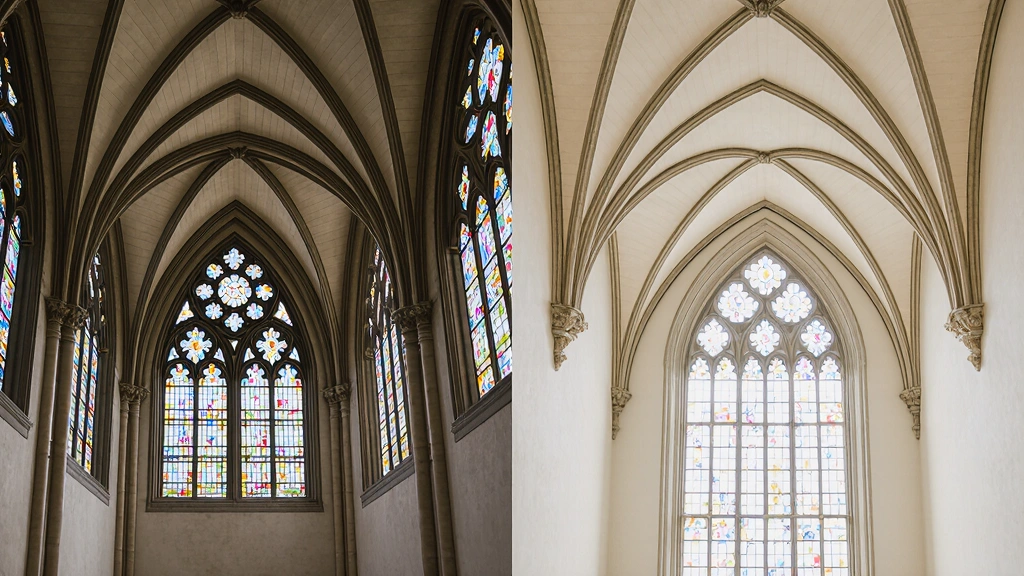 Side-by-side photo comparison of original Gothic features and modern decor interpretations.